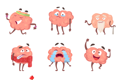 Funny cartoon characters. Brain in action poses