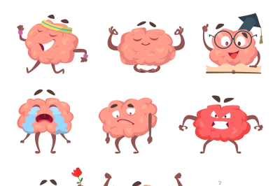 Brain cartoon mascot in various poses