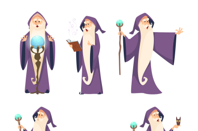 Wizard male. Cartoon mascot in action poses