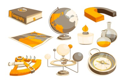 Symbols of science and geography. Tools for laboratory. Vector monochr