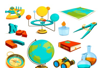 Vector colored pictures of science and geography symbols