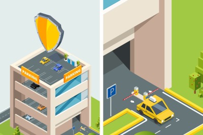 Background isometric illustration of multi level parking with various 