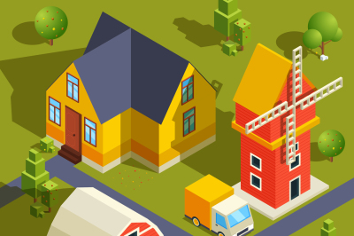 Isometric landscape of village or farm with various buildings and agri