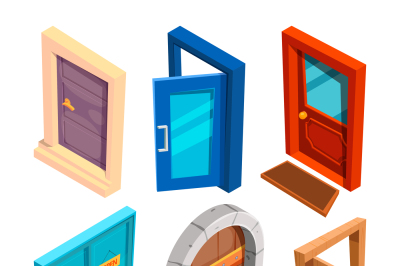 Various isometric pictures of cartoon doors