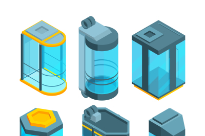 Various glass elevators with steel gates and panels. Isometric vector 