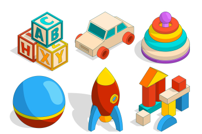 Isometric illustrations of various childrens toys