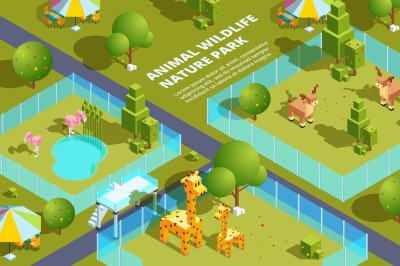 Landscape of zoo with various animals. Stylized vector isometric illus