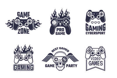 Cyber sport badges and labels. Pictures for gamers. Console and joysti