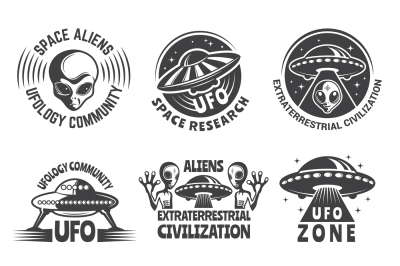 Monochrome labels or badges with pictures of aliens, ufo and space