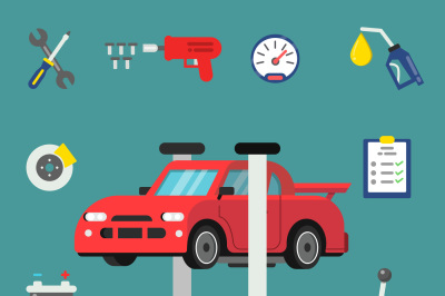 Various details for car service. Vector flat illustrations