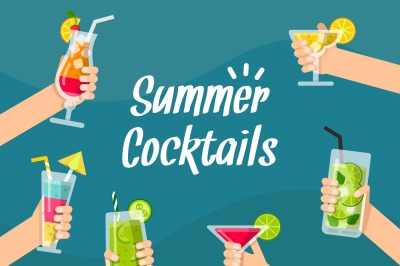 Summer background illustrations with various healthy juice and cocktai