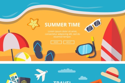 Horizontal banners with summer time pictures and travel symbols