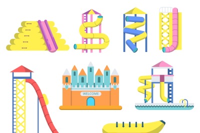 Flat illustrations of water park with various attractions