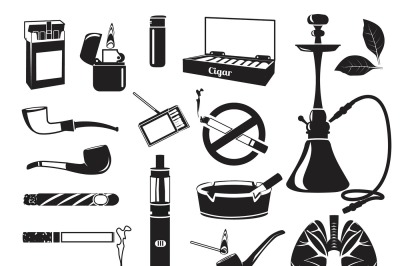 Monochrome pictures of hookah, tobacco leaves, cigars cigarettes and o