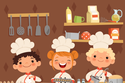 Background illustrations of kids preparing food on the kitchen