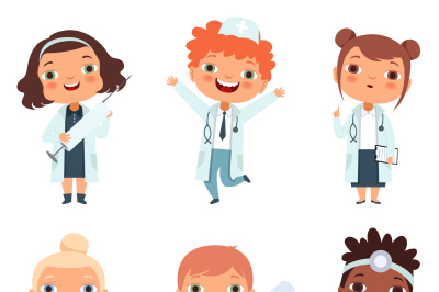 Doctor profession. Childrens in different poses