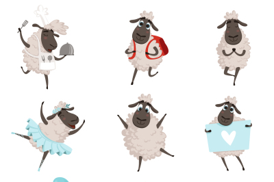 Funny cartoon sheeps in various action poses