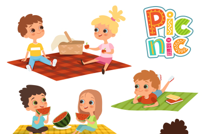 Funny kids in park. Picnic concept vector pictures