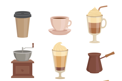 Various sorts of coffee. Cups in cartoon style