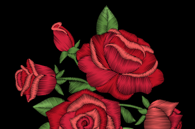 Embroidery floral design template with picture of red roses