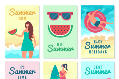 Design cards with summer symbols and various characters