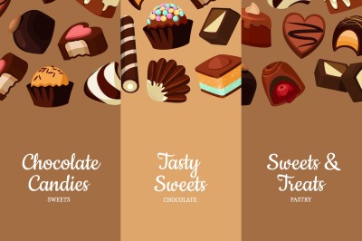 Vector vertical banners illustration with cartoon chocolate candies