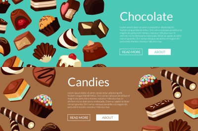 Vector web banners illustration with cartoon chocolate candies