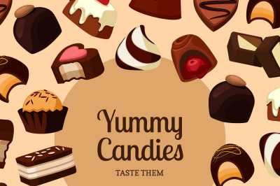 Vector background with place for text and cartoon chocolate candies