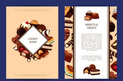 Vector card or flyer templates set with cartoon chocolate candies