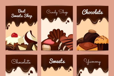 Vector card or flyer templates set with cartoon chocolate candies and 