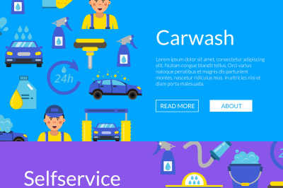 Vector web banners illustration with car wash flat icons