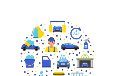 Vector car wash flat icons in circle illustration