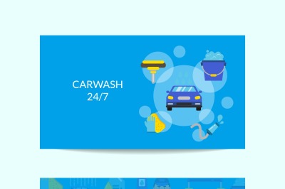 Vector business card template for car washing service with flat icons