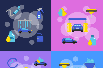 Vector banners set of concept illustrations with car wash