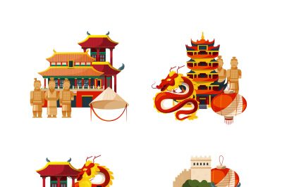 Vector set of flat style china elements and sights piles illustration