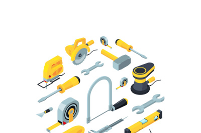 Vector construction tools isometric icons in circle shape illustration