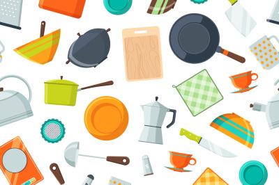 Vector kitchen utensils flat icons background or pattern illustration