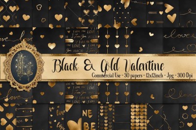 30 Black and Gold Valentine Love Heart Digital Papers Card Making