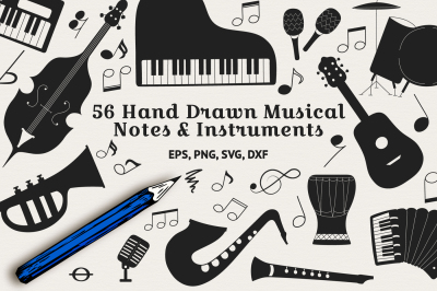 56 Hand Drawn Musical Instruments &amp; Music Notes
