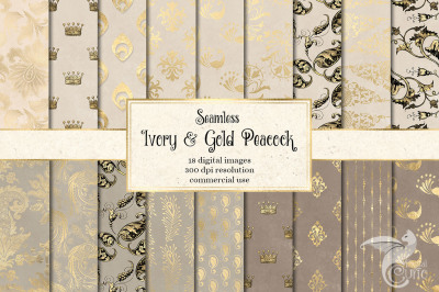 Ivory and Gold Peacock Digital Paper