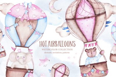 Hot airballoons watercolor clipart