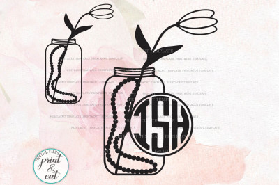 Jar with flower Tulip and pearls Monogram frame svg dxf pdf