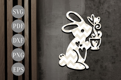 Cute Bunny Papercut Template, Valentine Clipart SVG, DXF, PDF