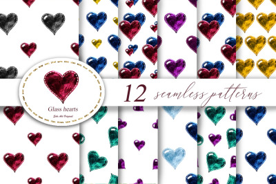 Valentines Day Glass hearts Seamless Patterns Backgrounds