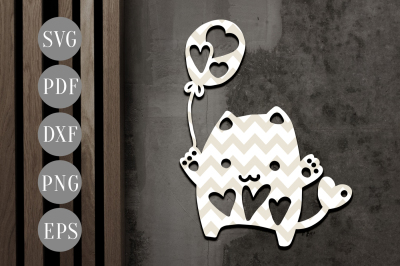 Cute Cat Papercut Template, Valentine's Day Clipart SVG, DXF, PDF