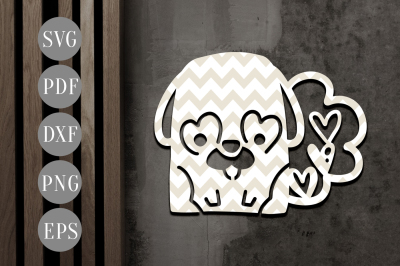 Cute Pug Papercut Template, Valentine's Day Key Chain SVG, DXF, PDF