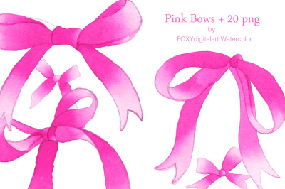 Watercolor silk bows pink ribbons clipart