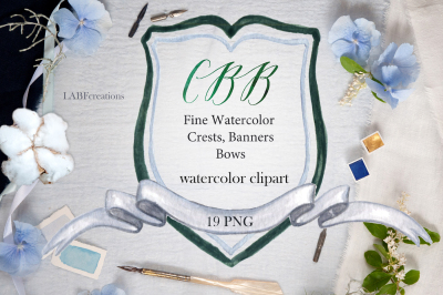 Crests, banners & bows. Watercolor clipart.