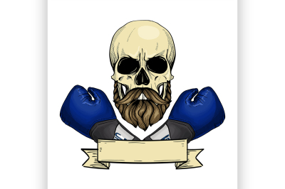 Color angry skull with boxing gloves