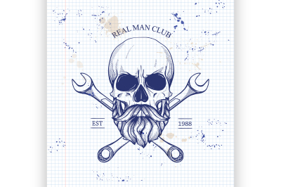 Sketch of biker rider skull on notebook page background. Vector illust